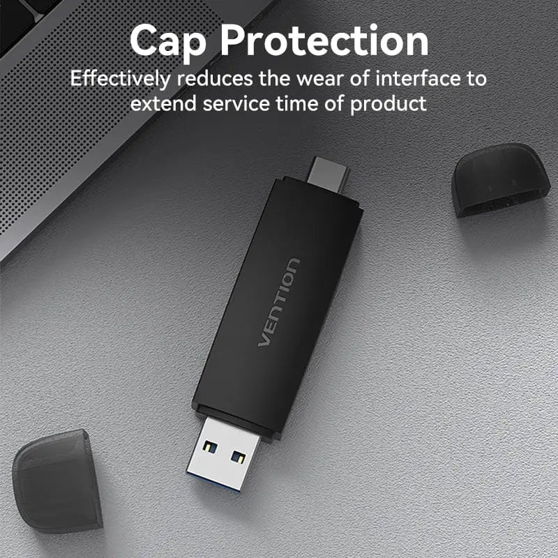 Vention 2-in-1 USB 3.0 A+C Card Reader(SD+TF) Black Dual Drive Letter - Vention