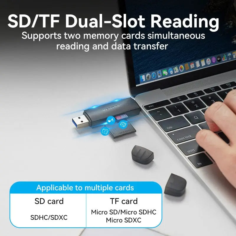 Vention 2-in-1 USB 3.0 A+C Card Reader(SD+TF) Black Dual Drive Letter - Vention