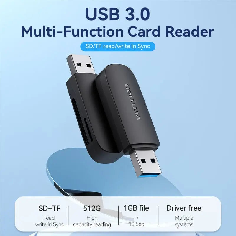 Vention 2-in-1 USB 3.0 A Card Reader(SD+TF) Black Dual Drive Letter - Vention