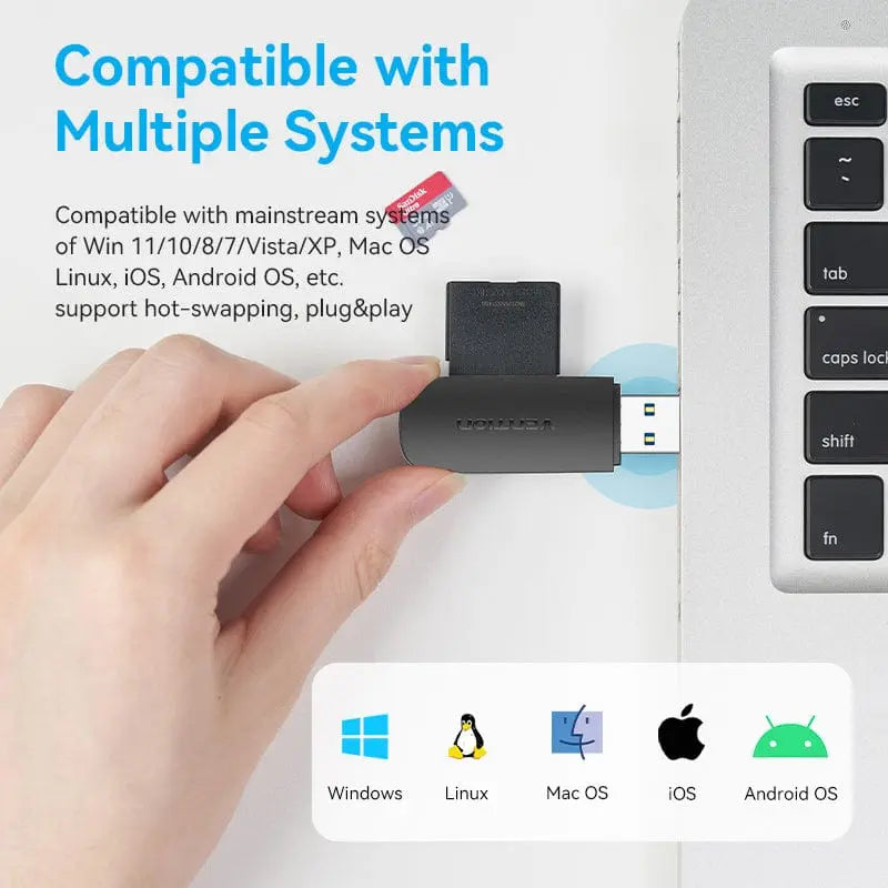 Vention 2-in-1 USB 3.0 A Card Reader(SD+TF) Black Dual Drive Letter - Vention