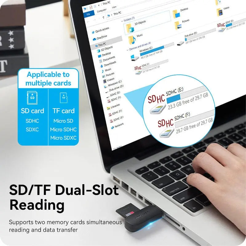 Vention 2-in-1 USB 3.0 A Card Reader(SD+TF) Black Dual Drive Letter - Vention
