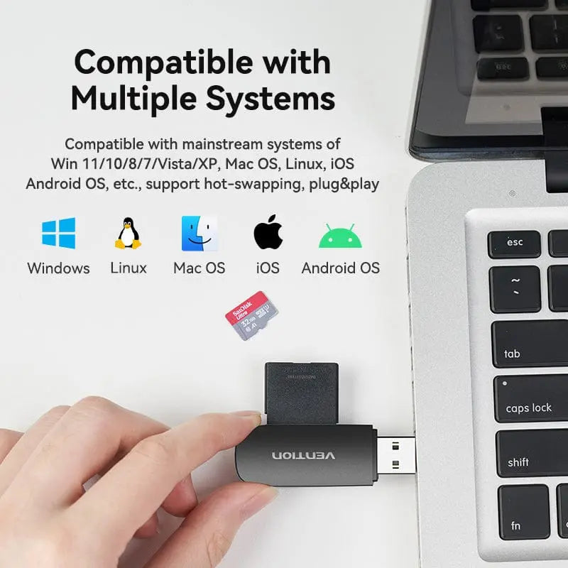 Vention 2-in-1 USB 3.0 A Card Reader(SD+TF) Black Single Drive Letter - Vention