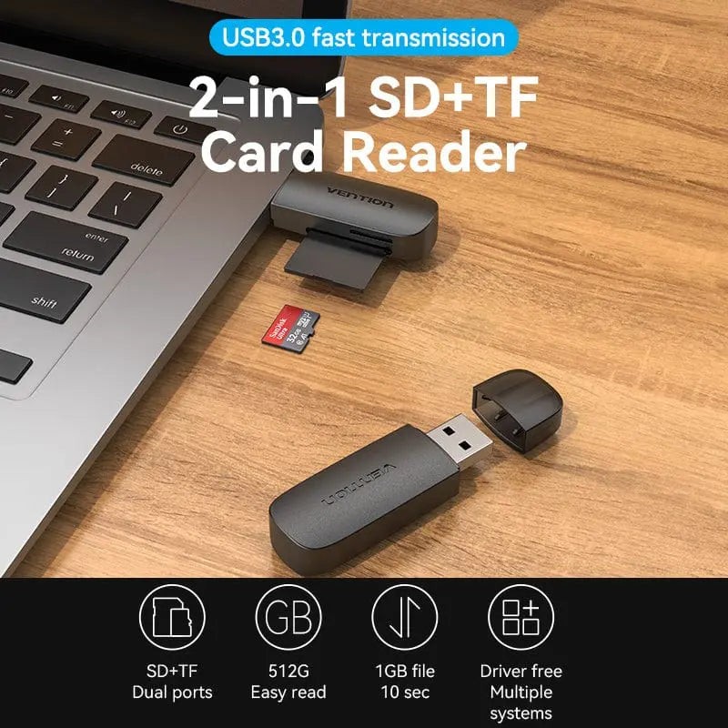 Vention 2-in-1 USB 3.0 A Card Reader(SD+TF) Black Single Drive Letter - Vention