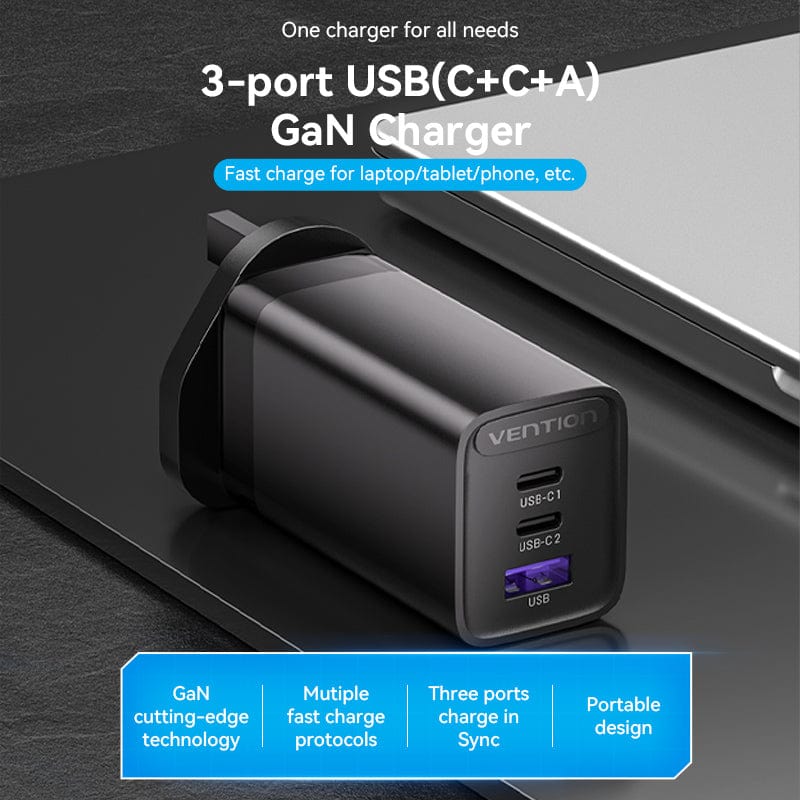 VENTION 3-port USB(C+C+A) GaN Charger(65W/30W/30W)UK