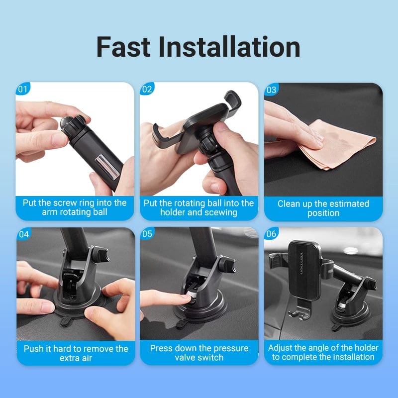 VENTION Auto-Clamping Car Phone Mount With Suction Cup Black Square Type