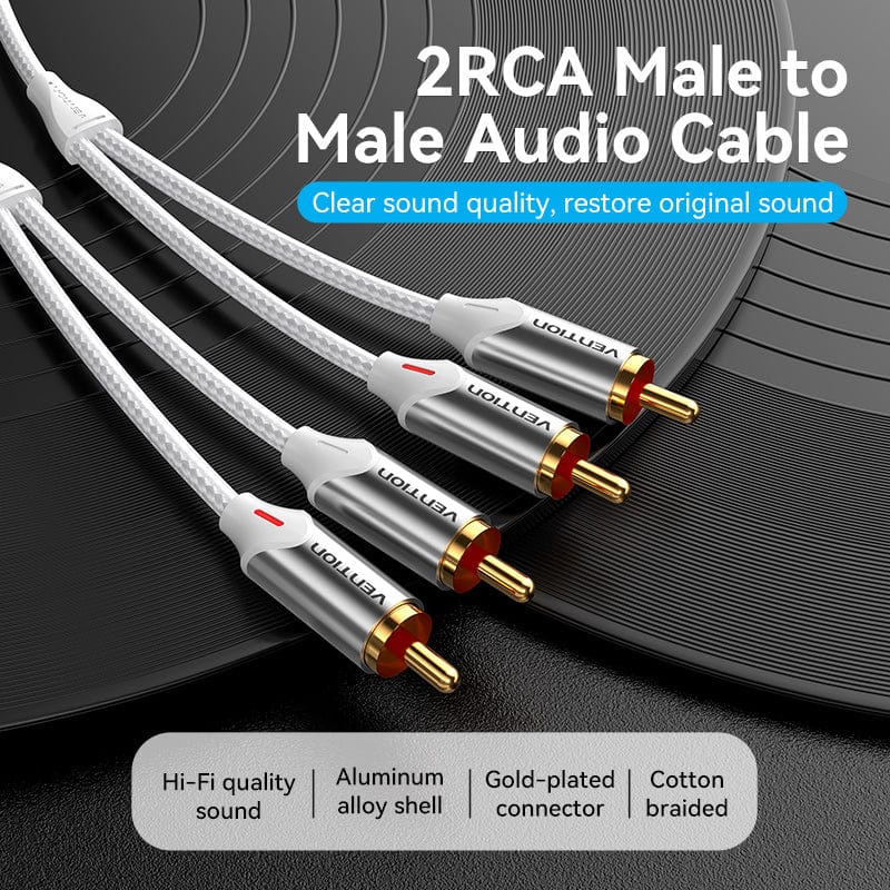 VENTION Cotton Braided 2RCA Male to Male Audio Cable Silver Aluminum Alloy Type