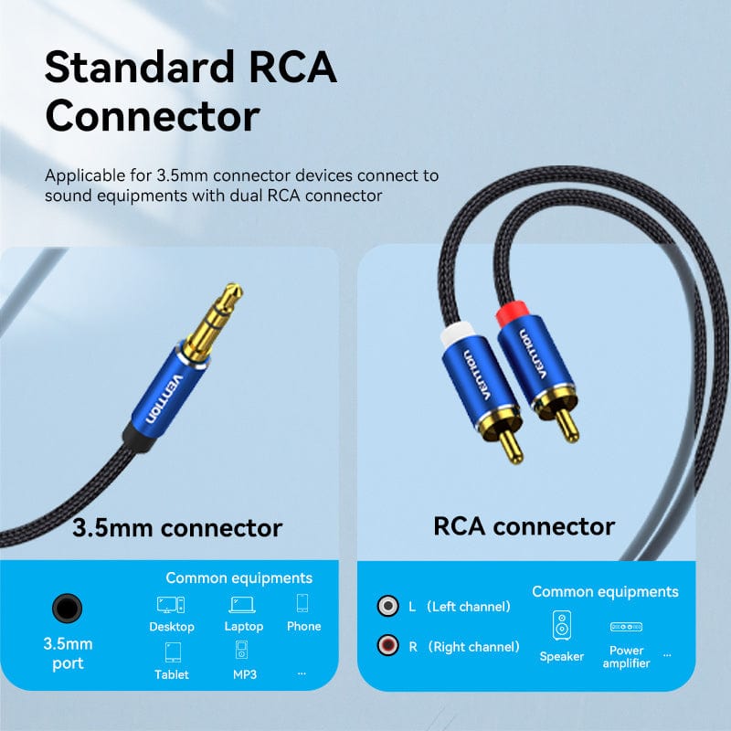 VENTION Cotton Braided 3.5mm Male to 2RCA Male Audio Cable Blue Aluminum Alloy Type