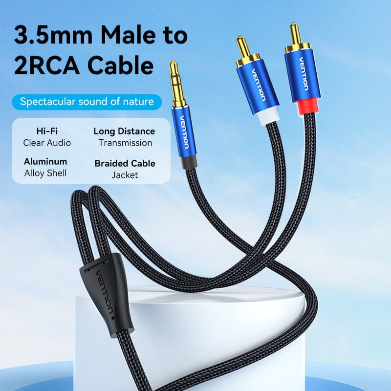VENTION Cotton Braided 3.5mm Male to 2RCA Male Audio Cable Blue Aluminum Alloy Type