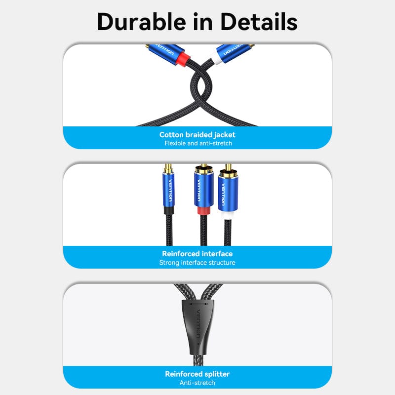VENTION Cotton Braided 3.5mm Male to 2RCA Male Audio Cable Blue Aluminum Alloy Type