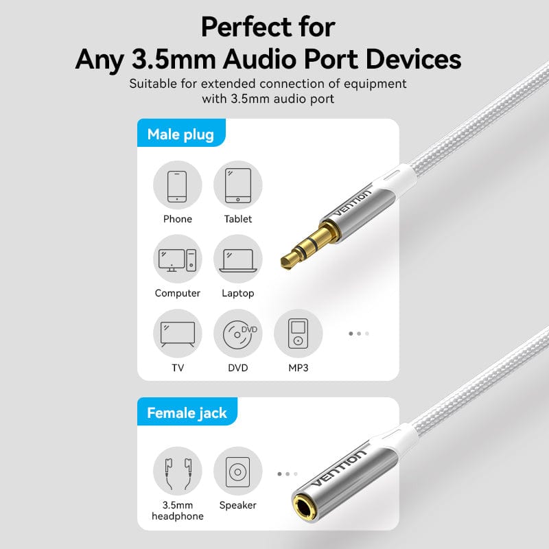 VENTION Cotton Braided 3.5mm Male to 3.5mm Female Audio Extension Cable  Silver Aluminum Alloy Type