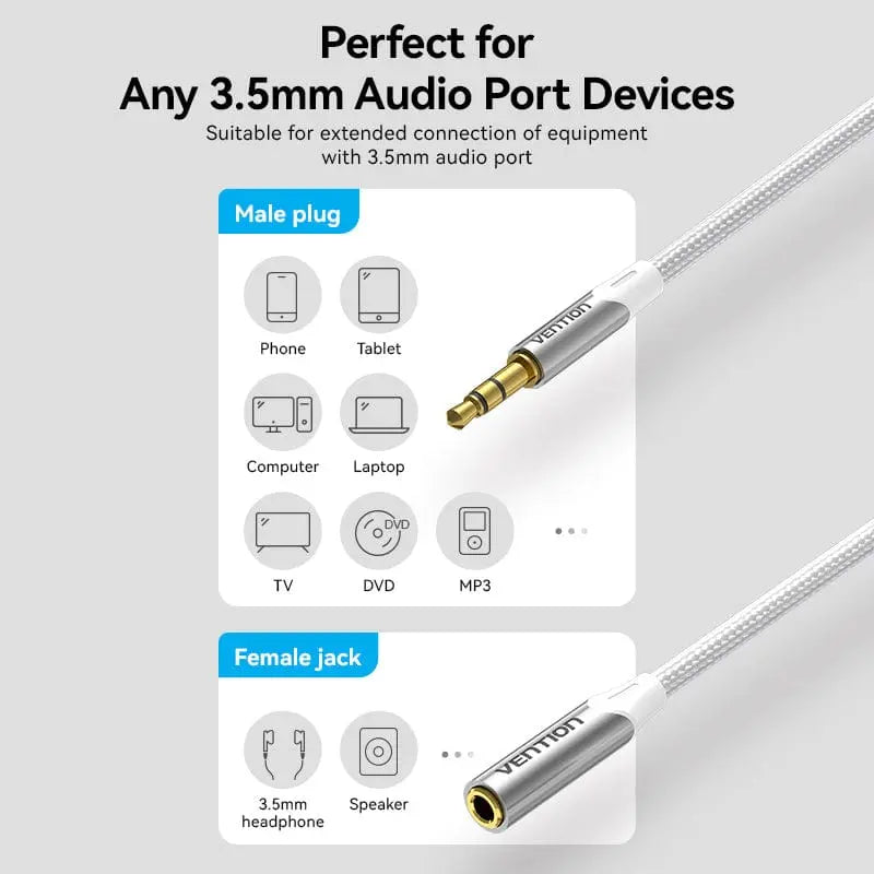 Vention Cotton Braided 3.5mm Male to 3.5mm Female Audio Extension Cable Silver Aluminum Alloy Type - Vention