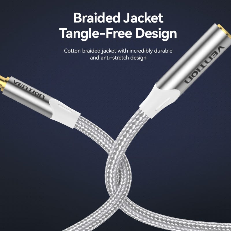 VENTION Cotton Braided 3.5mm Male to 3.5mm Female Audio Extension Cable  Silver Aluminum Alloy Type