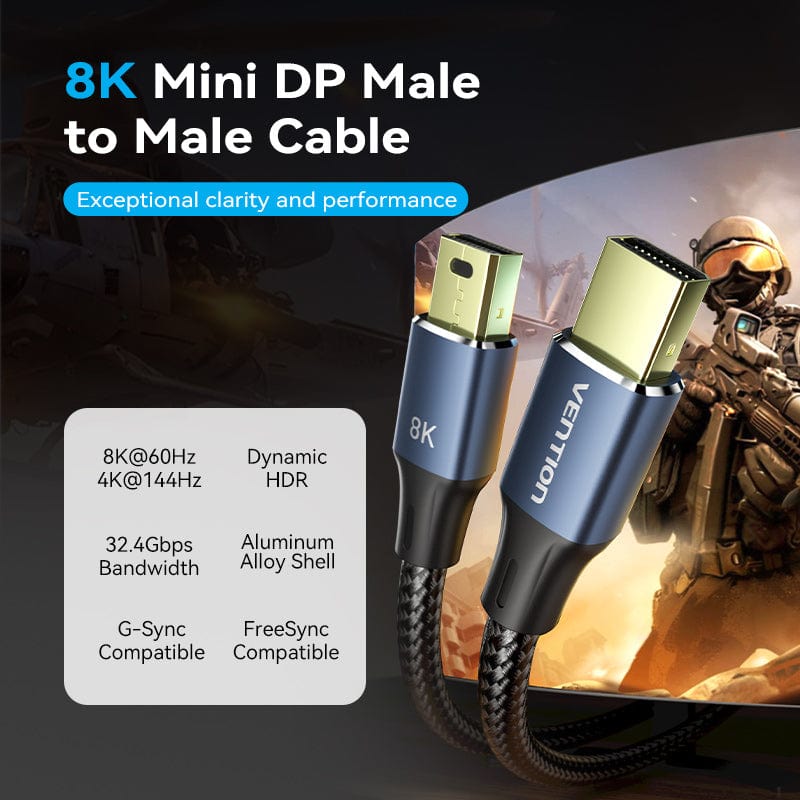 VENTION Cotton Braided Mini DP Male to Male 8K HD Cable Blue Aluminum Alloy Type
