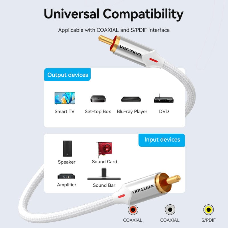 VENTION Cotton Braided RCA Male to Male Audio Cable Silver Aluminum Alloy Type