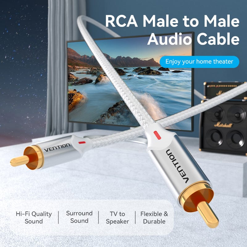 VENTION Cotton Braided RCA Male to Male Audio Cable Silver Aluminum Alloy Type