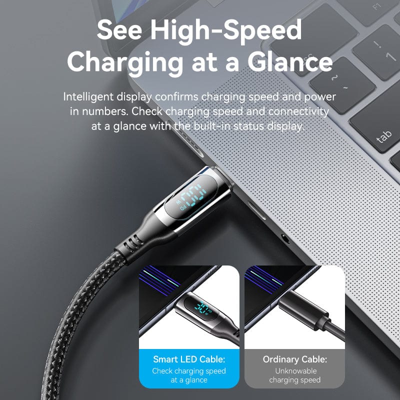 VENTION Cotton Braided USB 2.0 C Male to C Male 5A Cable With LED Display Black Zinc Alloy Type