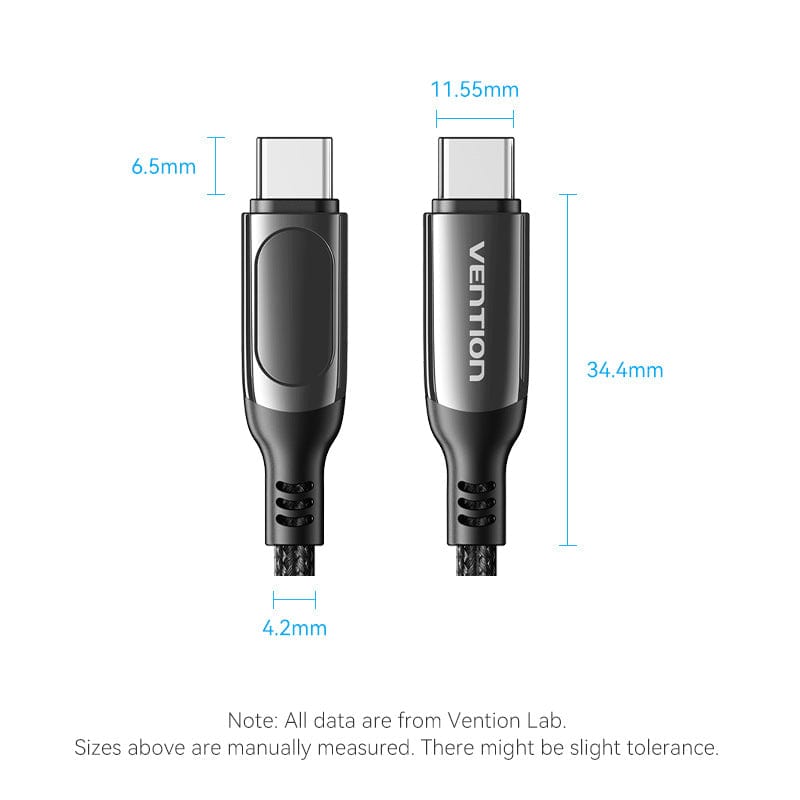 VENTION Cotton Braided USB 2.0 C Male to C Male 5A Cable With LED Display Black Zinc Alloy Type