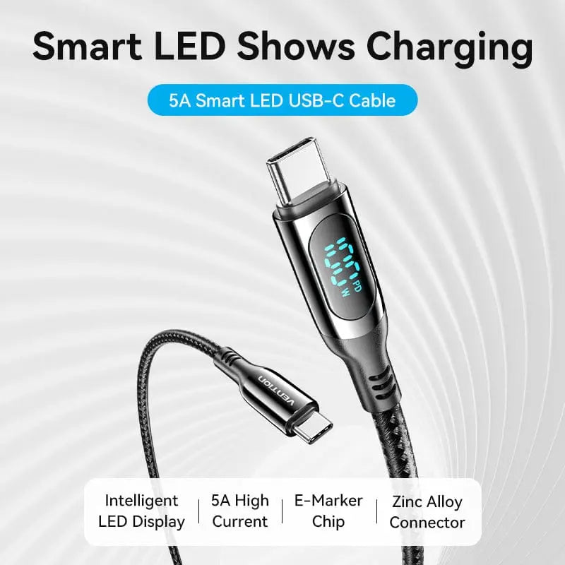 Vention Cotton Braided USB 2.0 C Male to C Male 5A Cable With LED Display Zinc Alloy Type - Vention