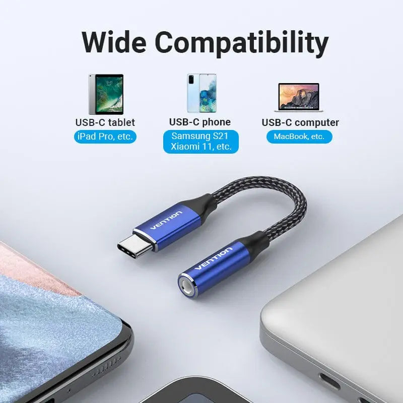 Cotton Braided USB-C Male to 3.5mm Female Audio Cable(DAC) 0.1M Blue Aluminum Alloy Type - Vention