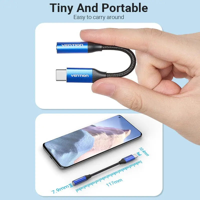 Cotton Braided USB-C Male to 3.5mm Female Audio Cable(DAC) 0.1M Blue Aluminum Alloy Type - Vention