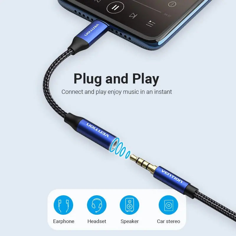 Cotton Braided USB-C Male to 3.5mm Female Audio Cable(DAC) 0.1M Blue Aluminum Alloy Type - Vention