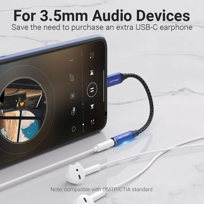 Cotton Braided USB-C Male to 3.5mm Female Audio Cable(DAC) 0.1M Blue Aluminum Alloy Type - Vention