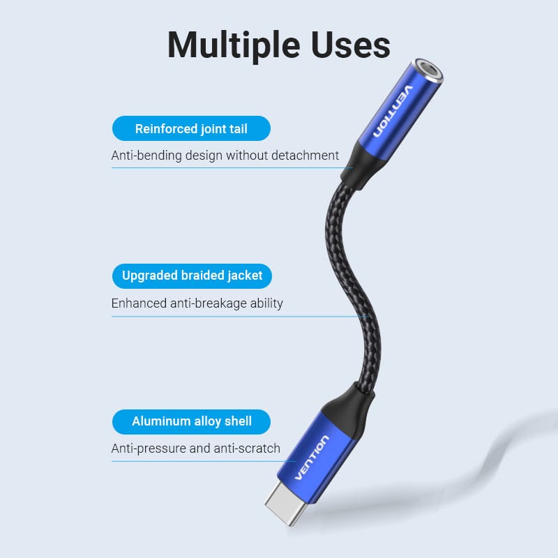VENTION Cotton Braided USB-C Male to 3.5mm Female Audio Cable(DAC) 0.1M Blue Aluminum Alloy Type