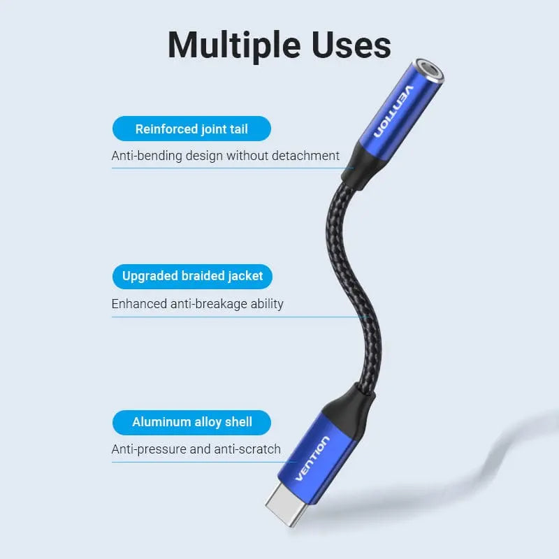 Cotton Braided USB-C Male to 3.5mm Female Audio Cable(DAC) 0.1M Blue Aluminum Alloy Type - Vention