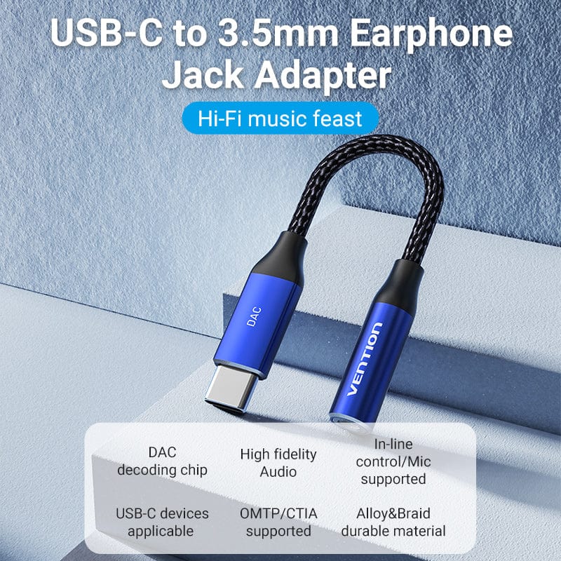 VENTION Cotton Braided USB-C Male to 3.5mm Female Audio Cable(DAC) 0.1M Blue Aluminum Alloy Type