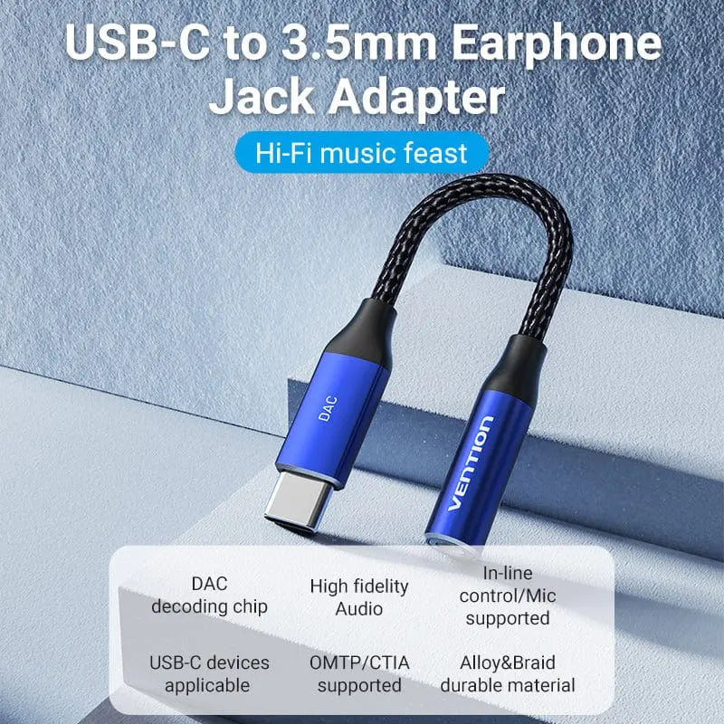Cotton Braided USB-C Male to 3.5mm Female Audio Cable(DAC) 0.1M Blue Aluminum Alloy Type - Vention