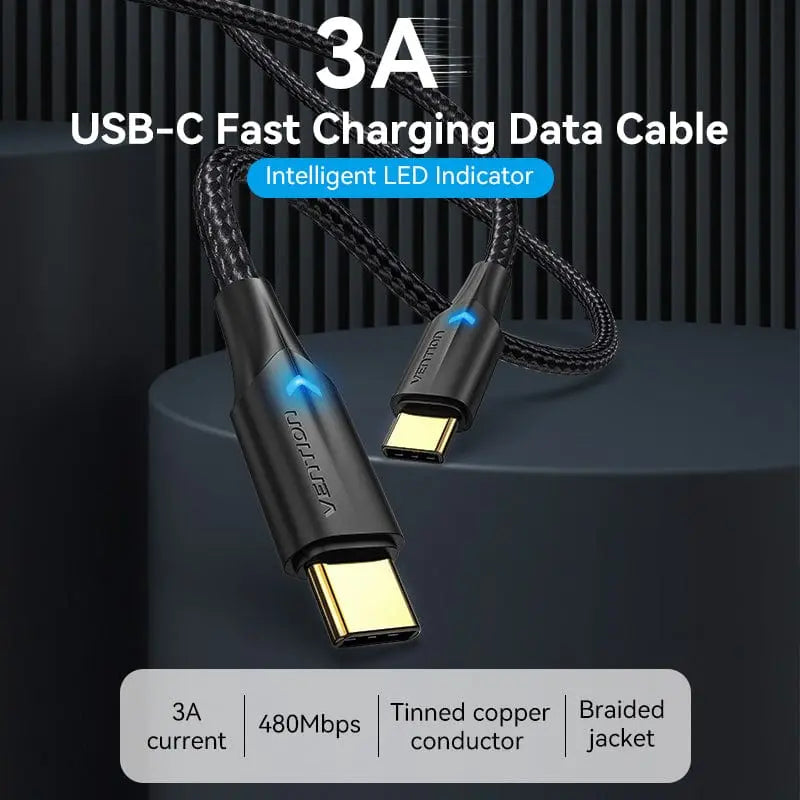 Vention Nylon Braided USB 2.0 C Male to C Male 3A Cable LED Type - Vention