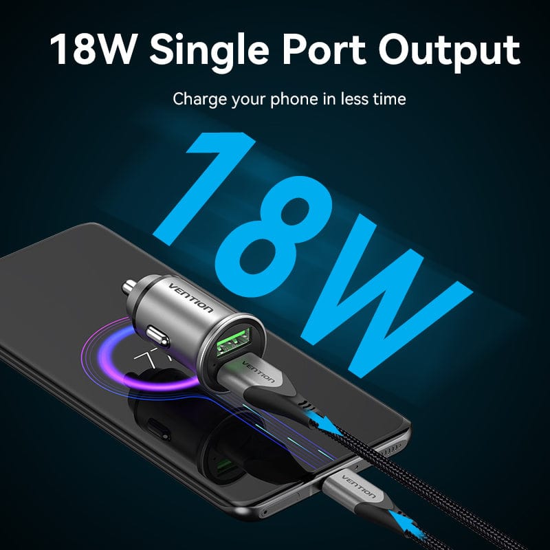VENTION Two-Port USB A+A(18/18) Car Charger Gray Mini Style Aluminium Alloy Type