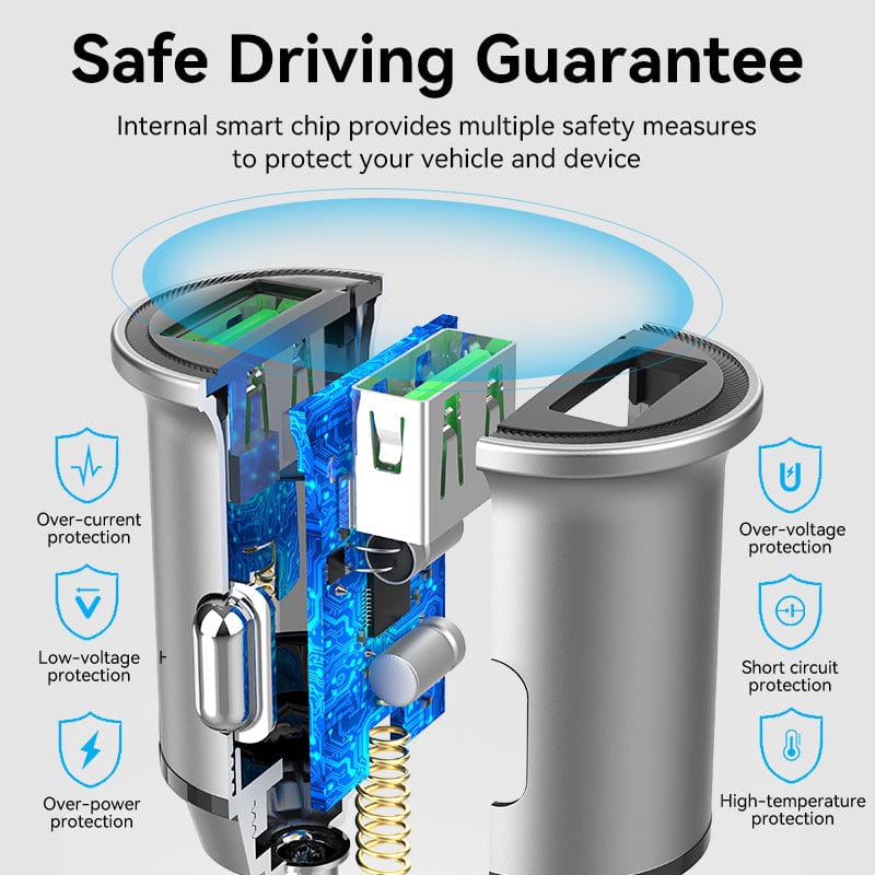 VENTION Two-Port USB A+A(18/18) Car Charger Gray Mini Style Aluminium Alloy Type