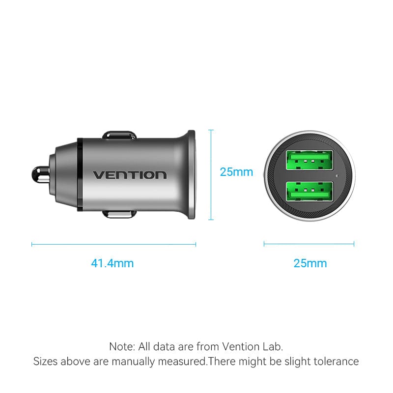 VENTION Two-Port USB A+A(18/18) Car Charger Gray Mini Style Aluminium Alloy Type