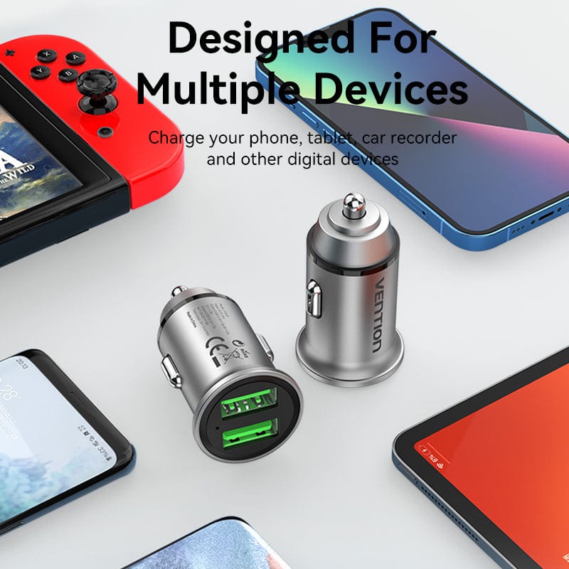 VENTION Two-Port USB A+A(18/18) Car Charger Gray Mini Style Aluminium Alloy Type