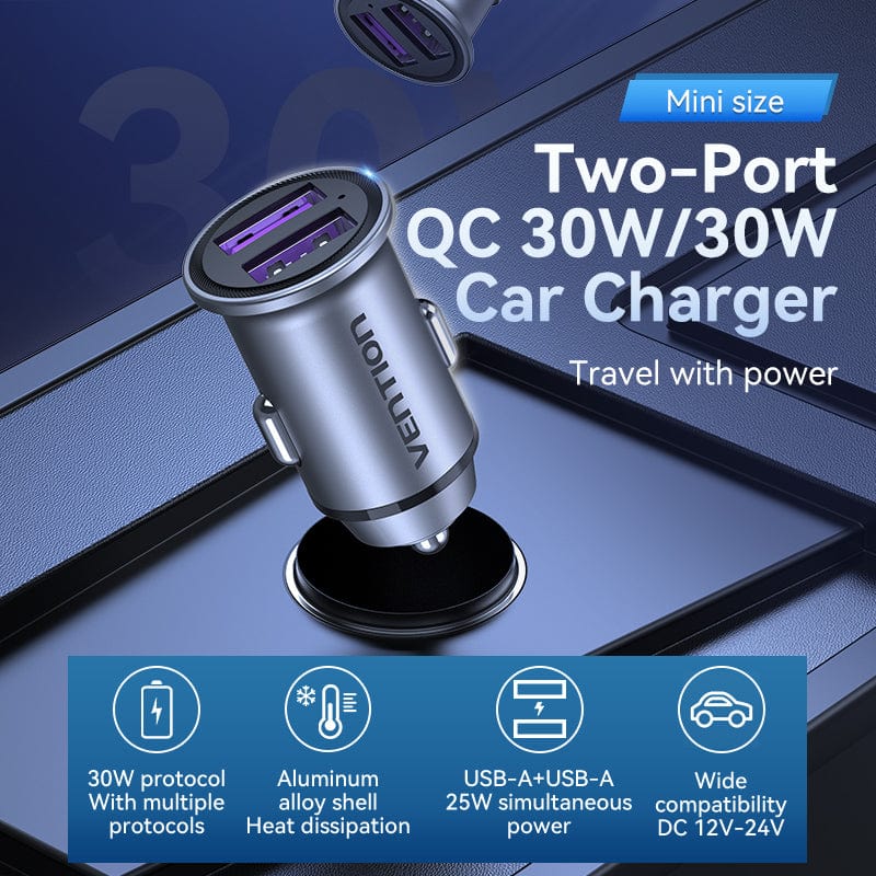 VENTION Two-Port USB A+A(30/30) Car Charger Gray Mini Style Aluminium Alloy Type