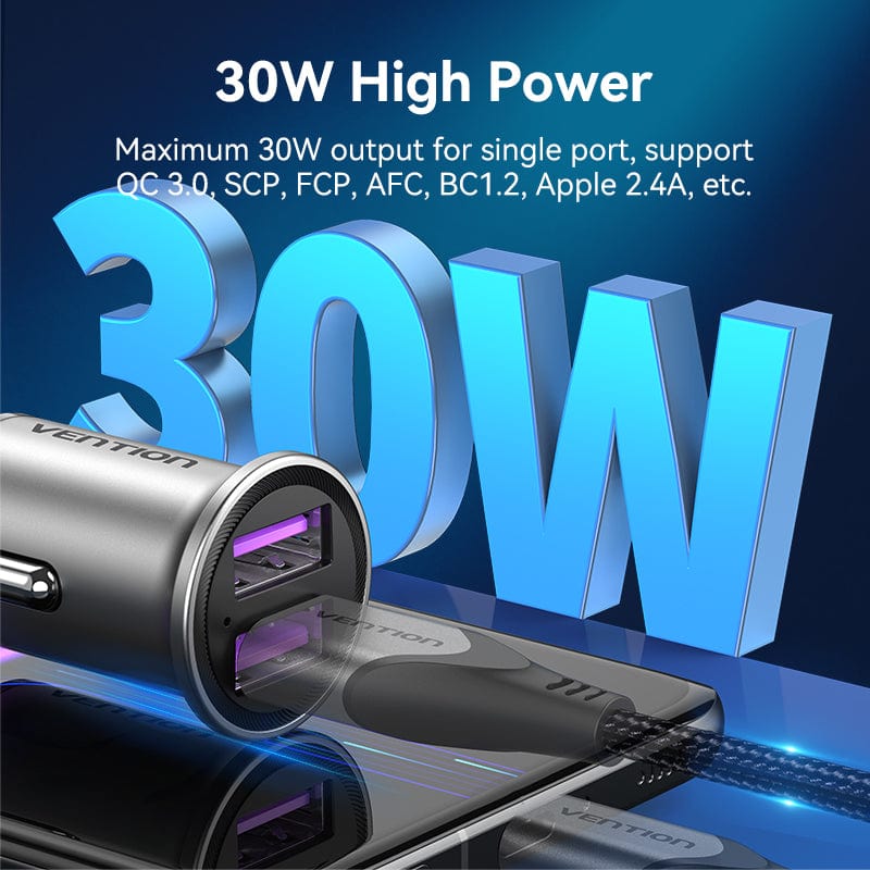 VENTION Two-Port USB A+A(30/30) Car Charger Gray Mini Style Aluminium Alloy Type