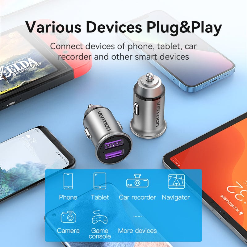 VENTION Two-Port USB A+A(30/30) Car Charger Gray Mini Style Aluminium Alloy Type