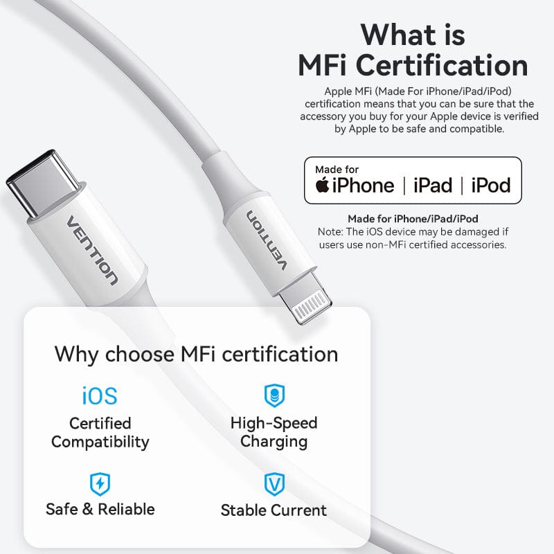 VENTION USB 2.0 C Male to Lightning Male 3A Cable White