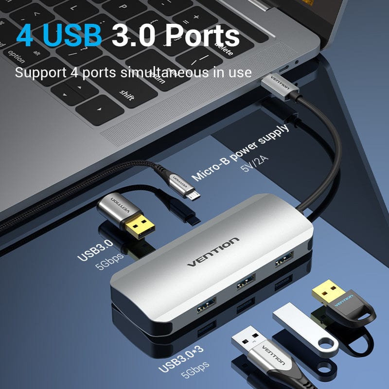 VENTION USB-C to USB 3.0x4/Micro-B Hub 0.15M Gray Aluminum Alloy Type