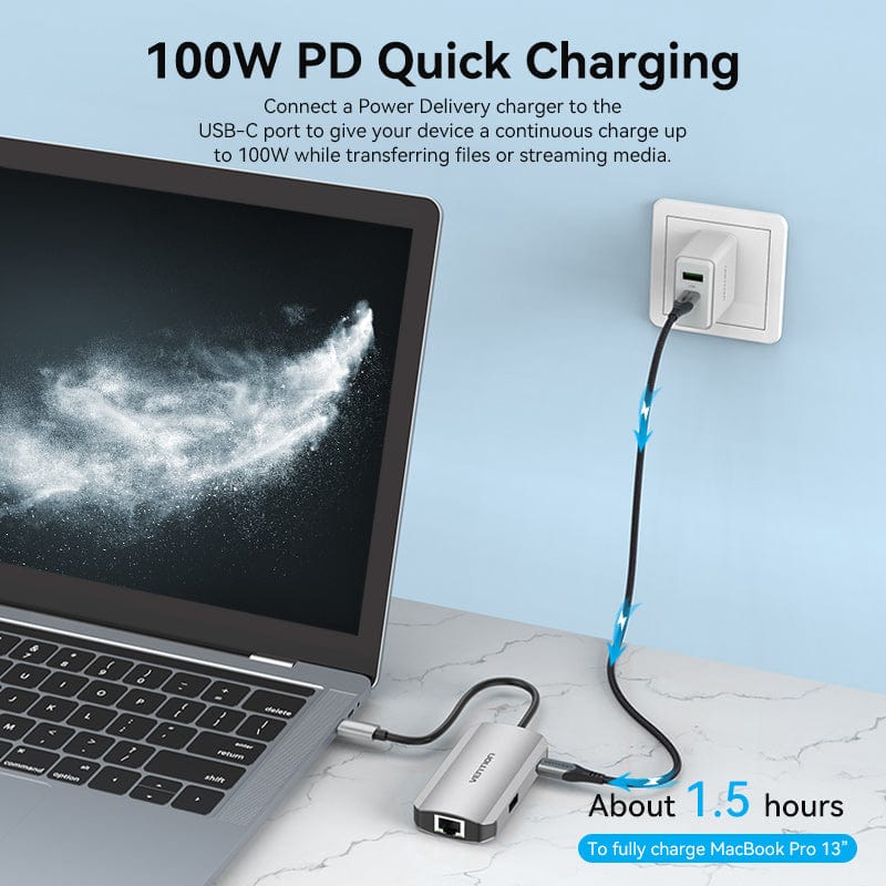 VENTION USB-C to USB3.0x3/RJ45/PD Hub 0.15M Gray Aluminum Alloy Type