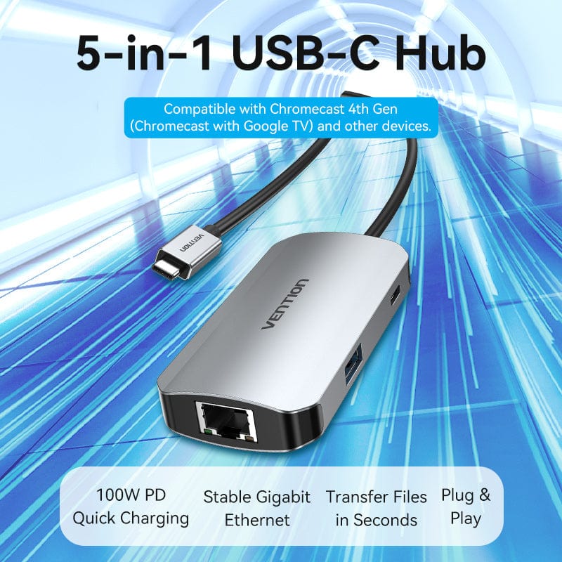 VENTION USB-C to USB3.0x3/RJ45/PD Hub 0.15M Gray Aluminum Alloy Type