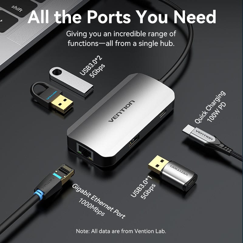 VENTION USB-C to USB3.0x3/RJ45/PD Hub 0.15M Gray Aluminum Alloy Type