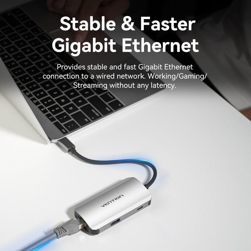 VENTION USB-C to USB3.0x3/RJ45/PD Hub 0.15M Gray Aluminum Alloy Type