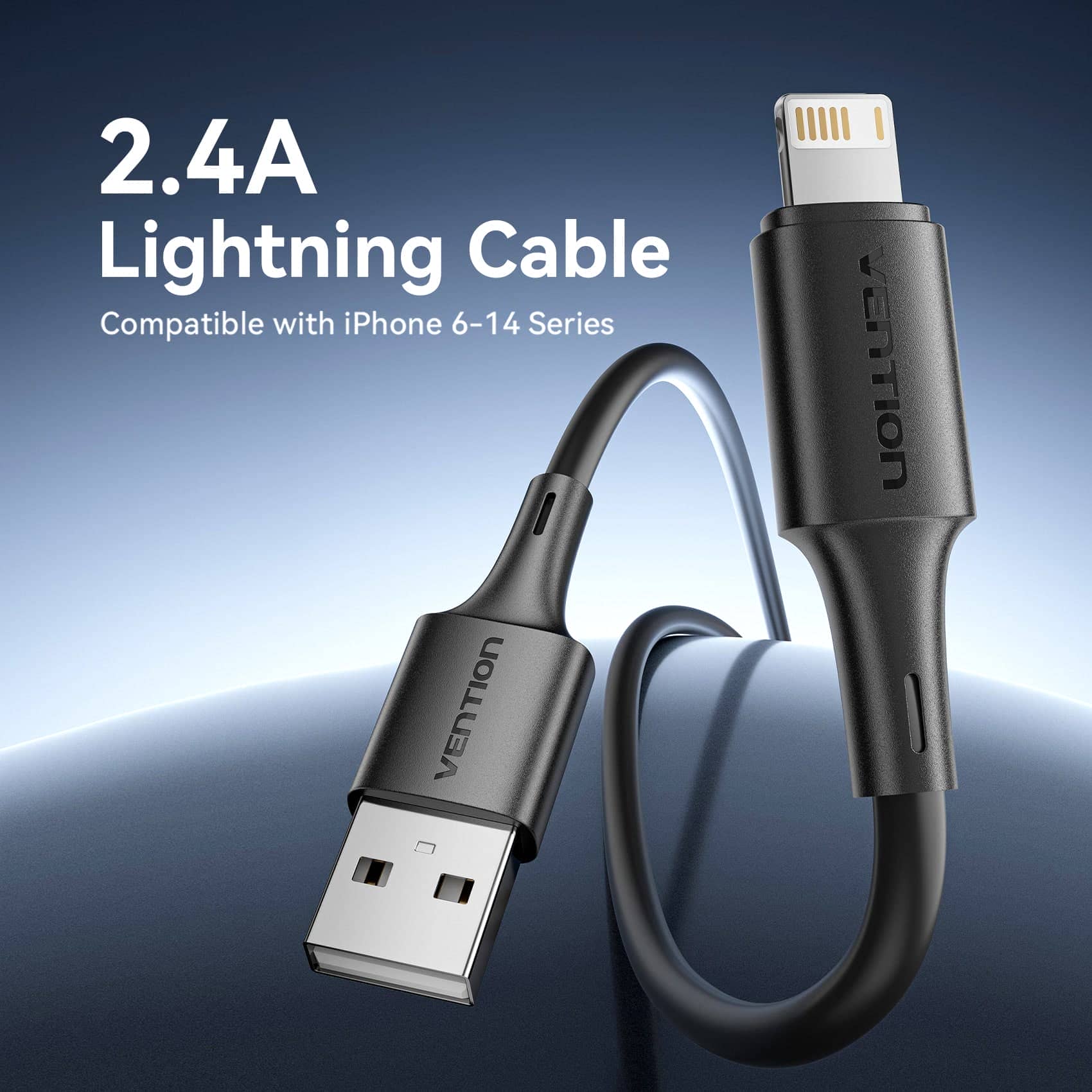 Vention USB 2.0 Type-A Male to Lightning Male 2.4A Cable 0.25M Black PVC Type