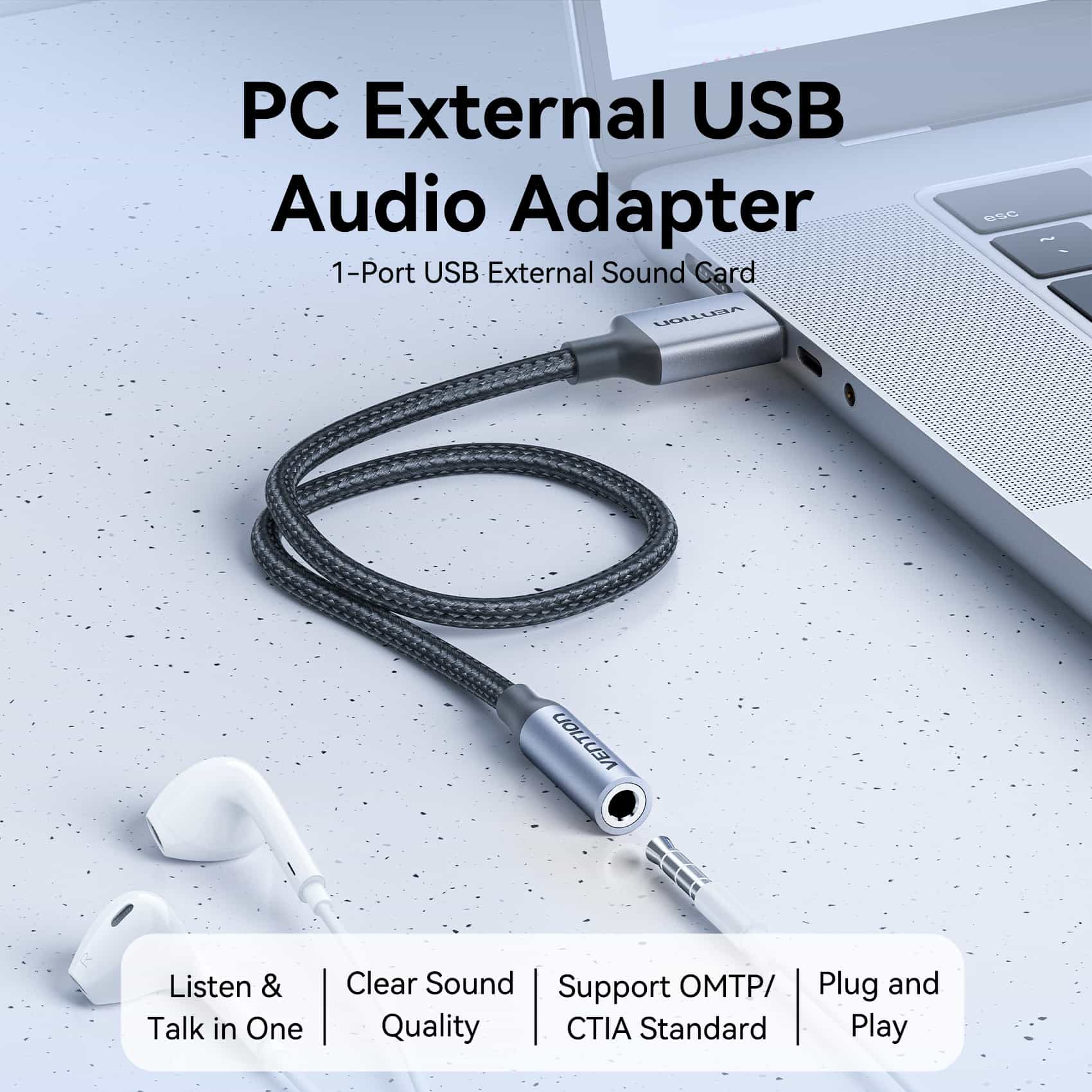 Vention 1-Port USB External Sound Card 0.25M Gray (OMTP-CTIA)