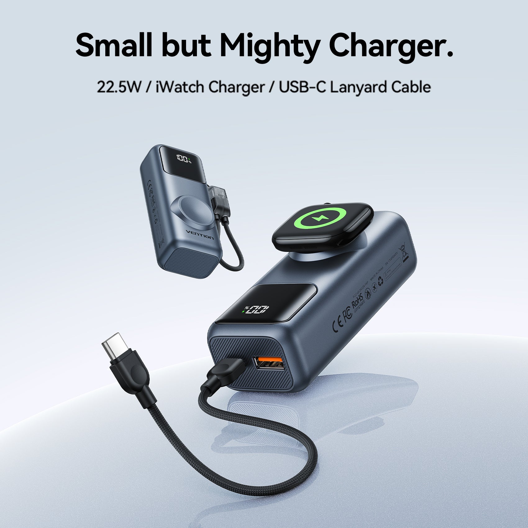 Vention Mini 10000mAh Power Bank (USB-C + USB-A) with Built-in USB-C  Cable and Apple Watch Charging Area 22.5W Gray LED Display Type