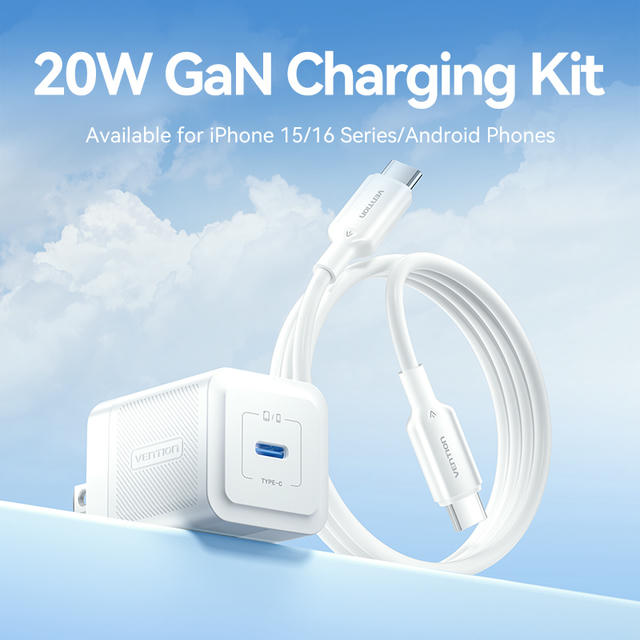 Vention 1-Port USB-C GaN Charger (20W) with USB-C to USB-C Cable (1M) US Plug