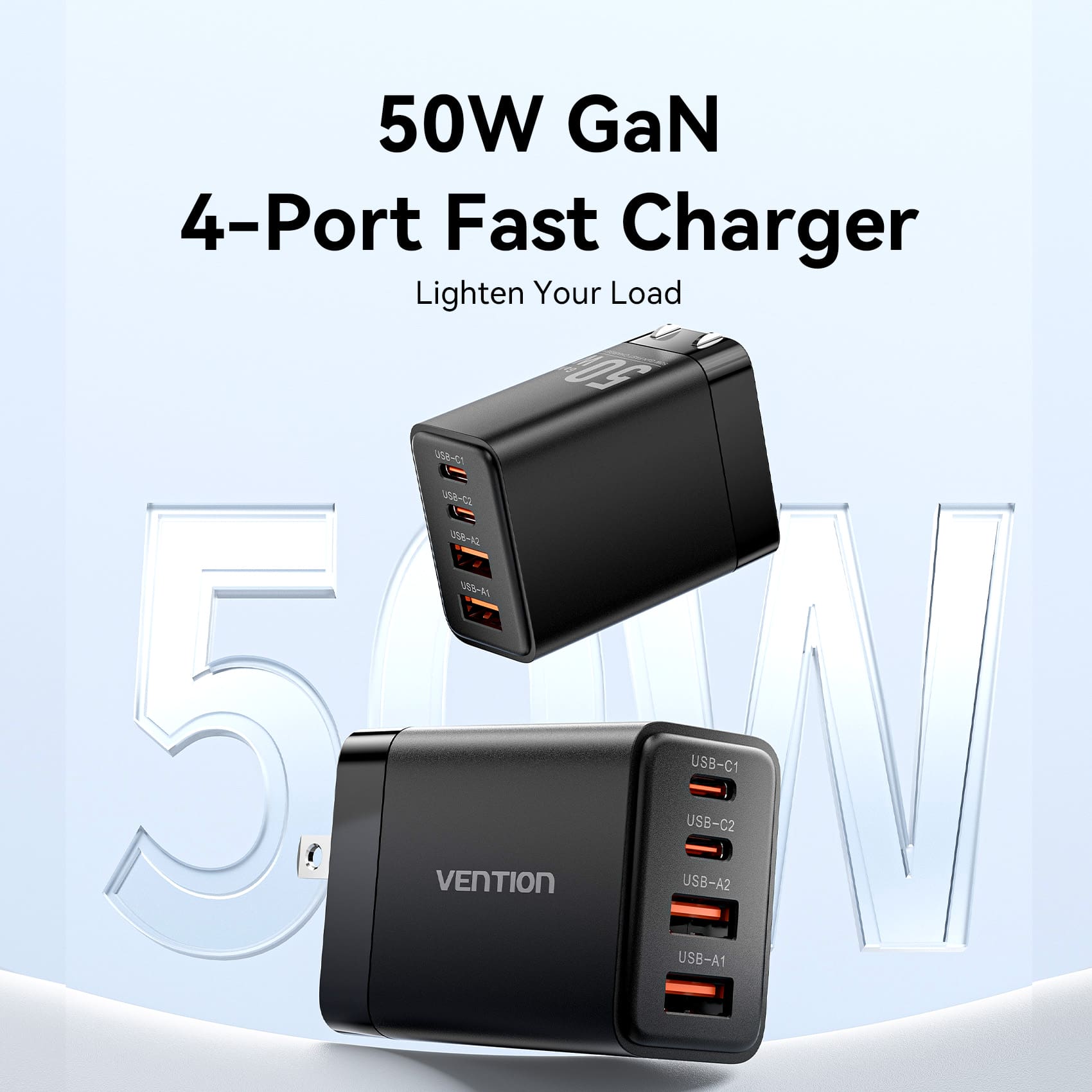 Vention 4-Port USB (C + C + A + A) GaN Charger (30W/20W/18W/18W) US Plug