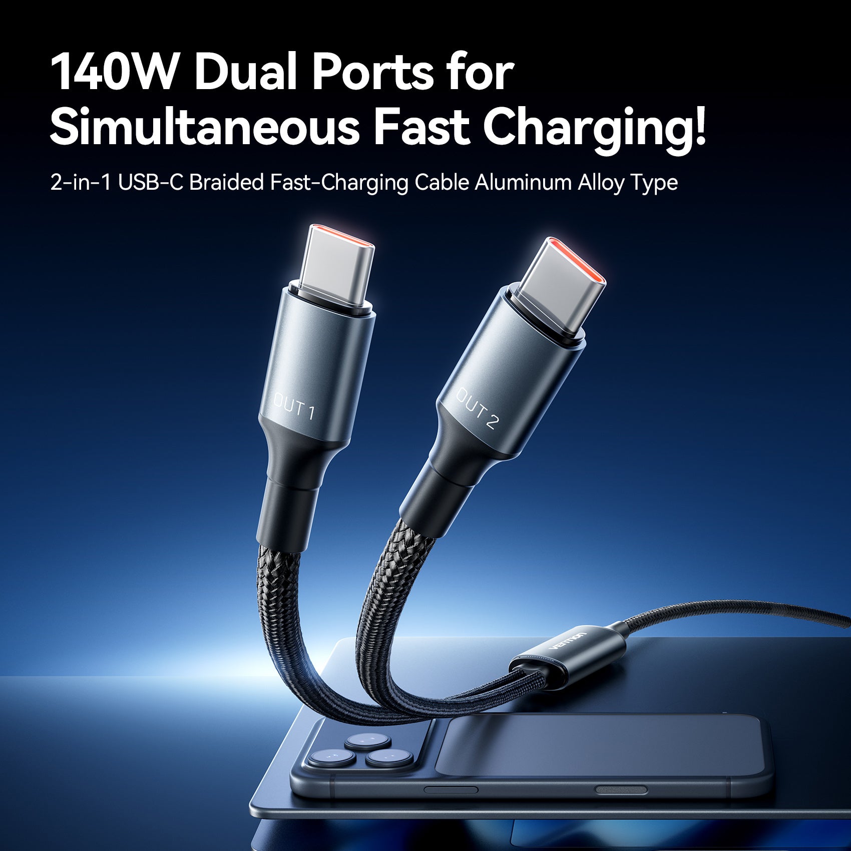 Vention USB 2.0 Type-C Male to 2 Type-C Male 5A Cable Black Aluminum Alloy Type